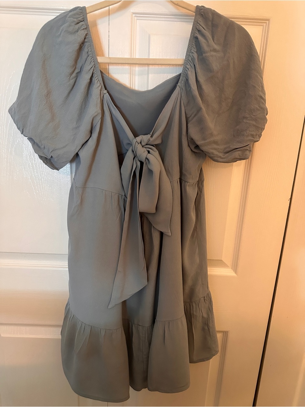 Mini Dress with Puff Sleeves and Back Tie in Light Blue